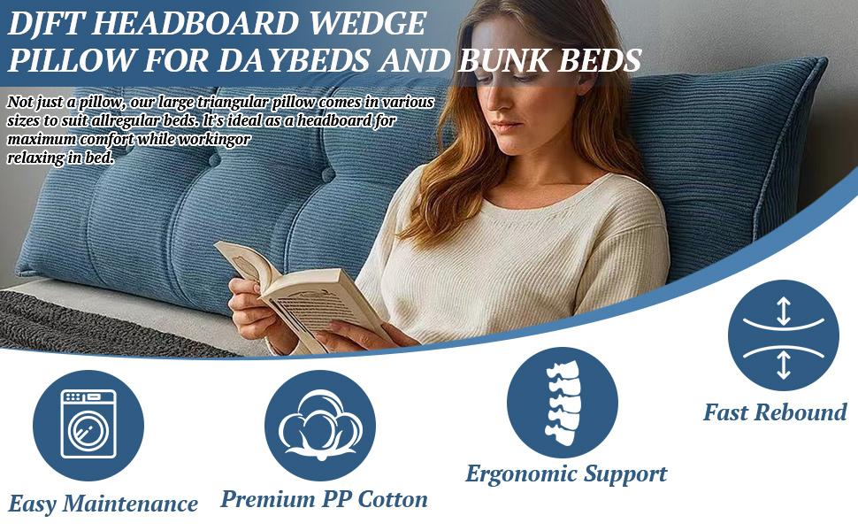 Djft Wedge Headboard Pillow for Bed Sitting & Reading, Bed Backrest Reading Cushion with Removable Cover, Large Sitting Pillow with Side Pockets for Dorm Room(Blue, Twin 39in)