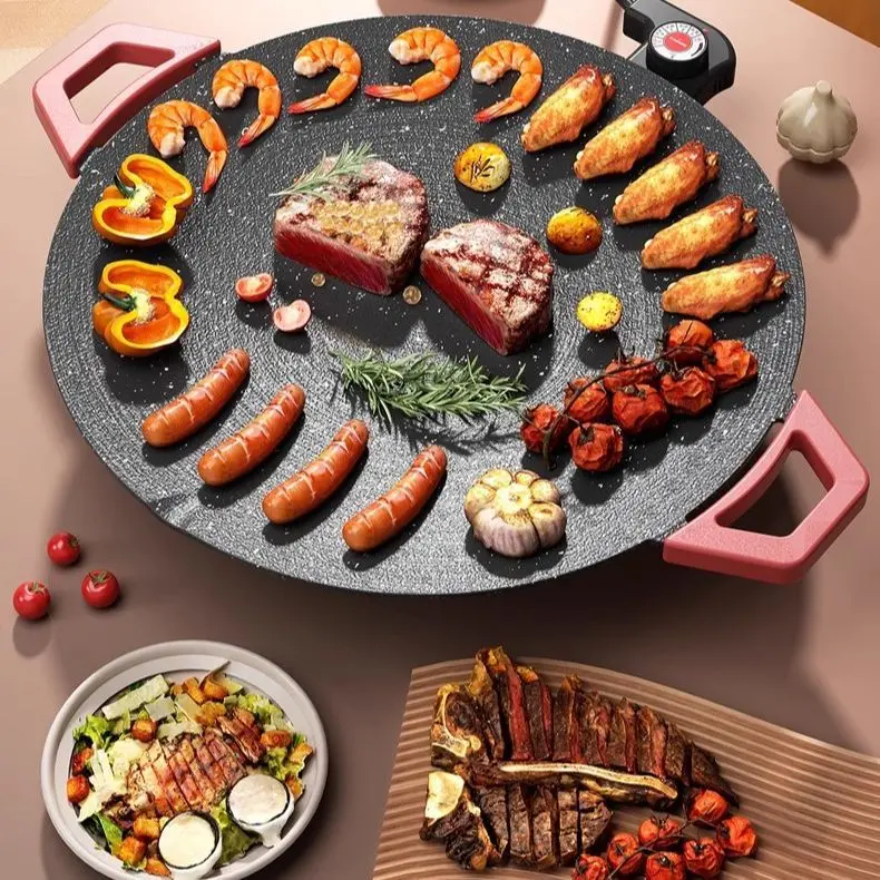 Portable Electric Korean BBQ Grill, Indoor Smokeless Non-Stick Marble Coating Round Grill Pan, Adjustable Thermostat, Heat Resistant Handles, Large Griddle Plate, Easy Clean Electric Griddle for Home Party Camping Outdoor Cooking