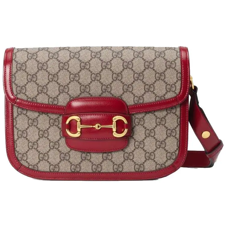 Gucci Horsebit 1955 Saddle Bag – Small Women’s Vintage Gold-Tone Logo Canvas and Leather Bag in Ebony and Red
