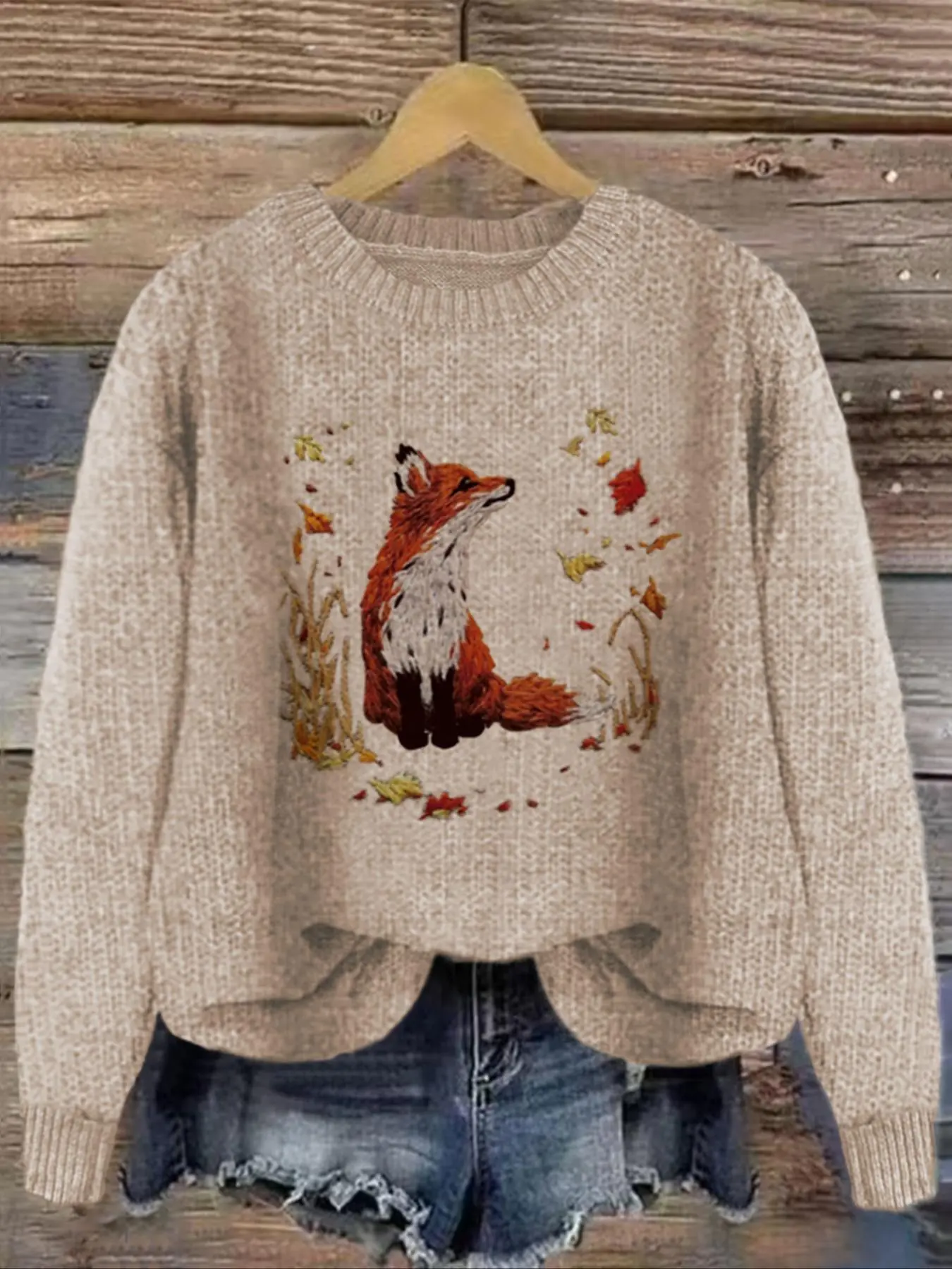 Women's Fox & Leaf Print Drop Shoulder Baggy Sweater, Casual Long Sleeve Round Neck Jumper for Fall & Winter, Fashion Ladies' Knitwear for Daily Wear