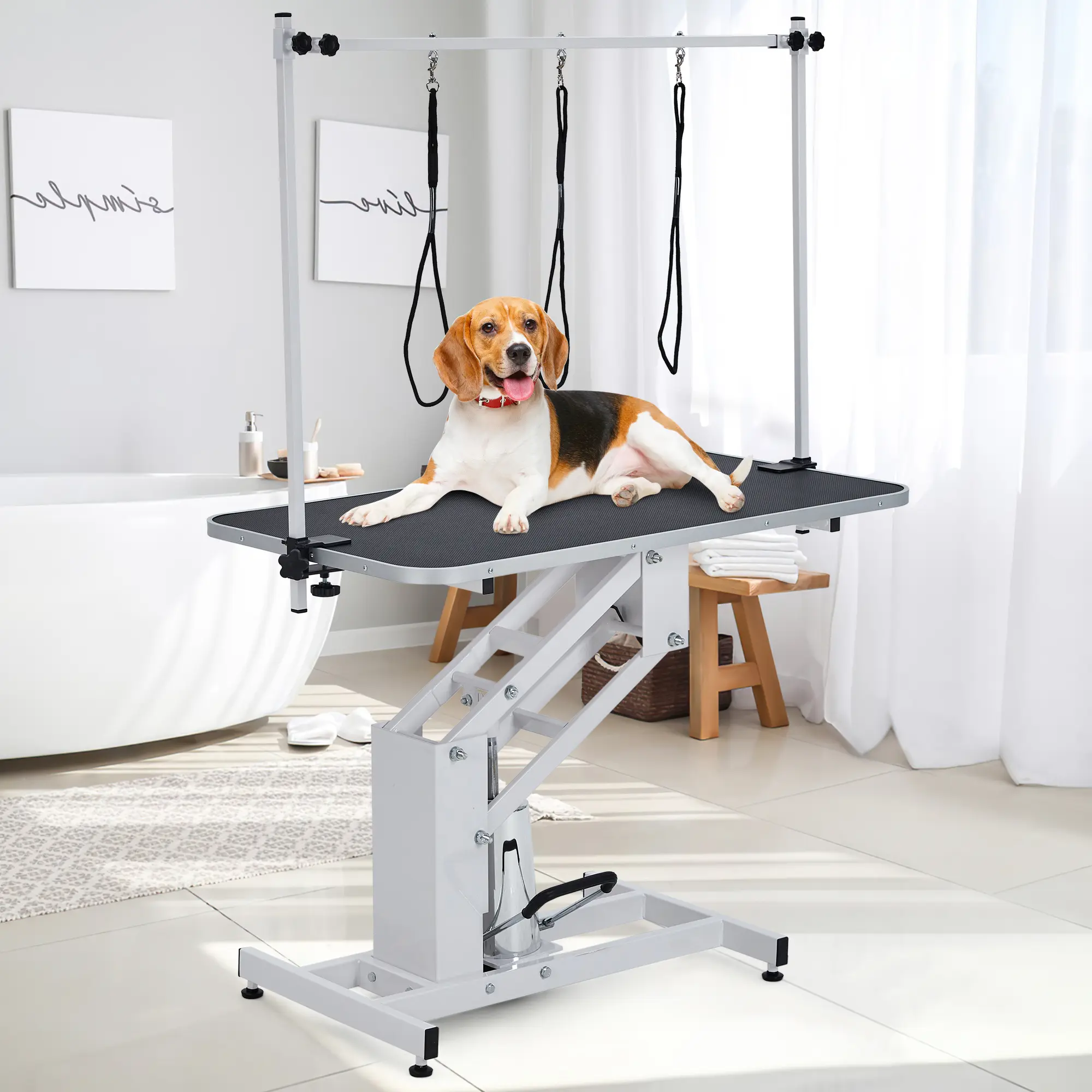 Heavy Duty Hydraulic Dog Grooming Table - Adjustable Height 22"-39" - 350 lbs Capacity - Non-Slip Surface - Overhead Arm & Noose - Ideal for Large Dogs, Home or Salon