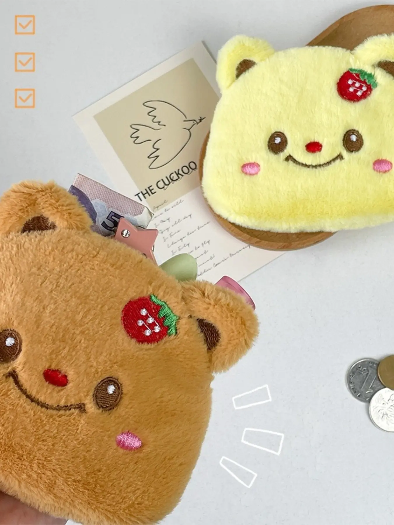 1pcs Adorable Strawberry Bear Plush Coin Wallet, Coin Purse, Coin Pouch, Mini Bag Charm, Perfect Gift for Students, Office Workers, Couples, Friends, Family