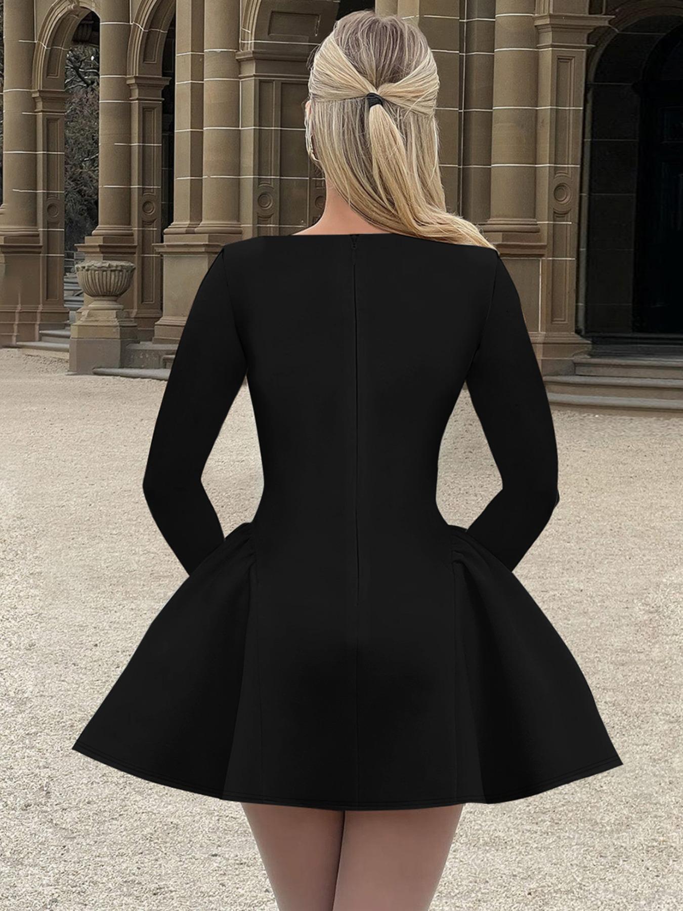 Women's Plain Long Sleeve Dress, Elegant Solid Color Back Zipper Party Club Holiday A-line Mini Dresses for Women