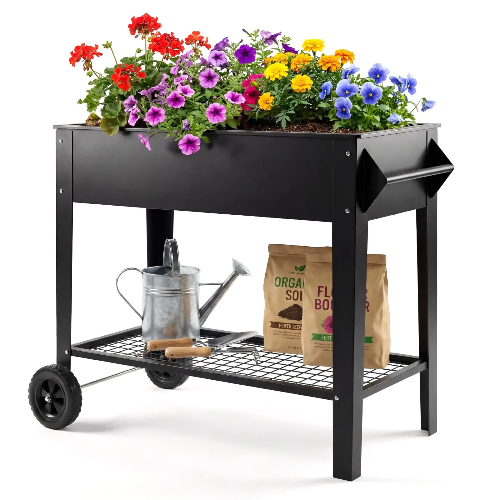 Garvee Heavy-Duty Galvanized Steel Mobile Raised Garden Bed Planter Box with Rolling Wheels, Integrated Handles, Lower Storage Shelf, Ergonomic Height (400 LBS Capacity) – Ideal for Gardening with Flowers, Vegetables, Herbs for Families on Patio, Balcony