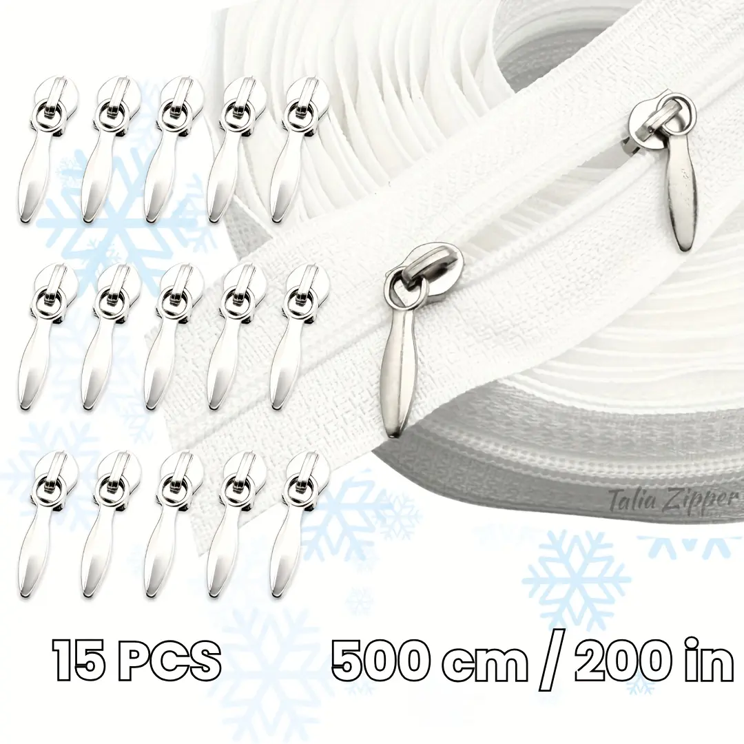 500cm long size 3 nylon zipper tape with 15 sliders, durable and easy to install, ideal for DIY sewing, garments, jeans, dresses and handicrafts