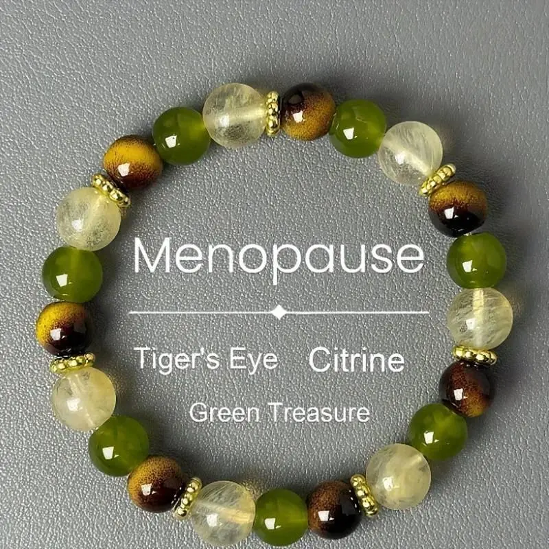 Bohemian Menopause Balancing Bracelet - 8mm Natural Tiger's Eye, Citrine (Green Treasure), Plastic Beads, Hot Flash Relief, All-Seasons Wear, Natural Gift for Menopause Symptom Support, Year-Round, 8Mm Stone Beads