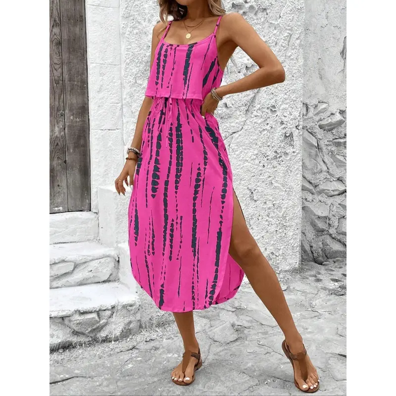 Women's Summer Tie-Dye Polyester Knit Spaghetti Strap Sleeveless Fitted Long Dress with Split Thigh Slit, Multicolor Floral Print, Casual Vacation Wear, Do Not Dry Clean, Chic