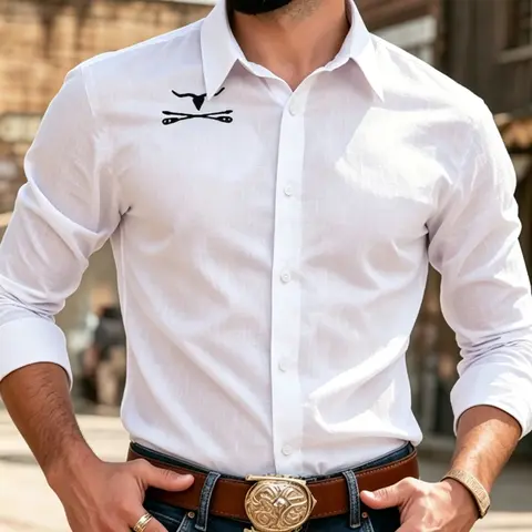 Men's Western Cowboy Style Shirt, Bull Head Arrow Embroidery Long Sleeve Slim Fit Casual Blouse, All Seasons Fashion Top, Print, Vintage, Menswear, Aesthetics, Graphic Shirt