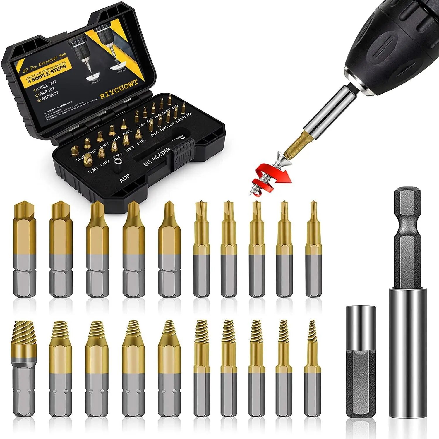 Men's Gift - 22-Piece Titanium Alloy Damaged Screw Extractor Set, Drill Bit Tools for Removing Stripped Screws, Nuts, and Bolts, Ideal for Removing Rusty and Damaged Hardware, Made of High-Speed Steel, Excellent Gift