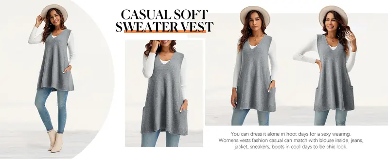 Imily Bela Womens Sleeveless Sweater Vest V Neck Casual Loose Knit A Line Flattering Tunic Top with Pockets Fashion Vest Sleeveless Sleeveless Minimalist Style