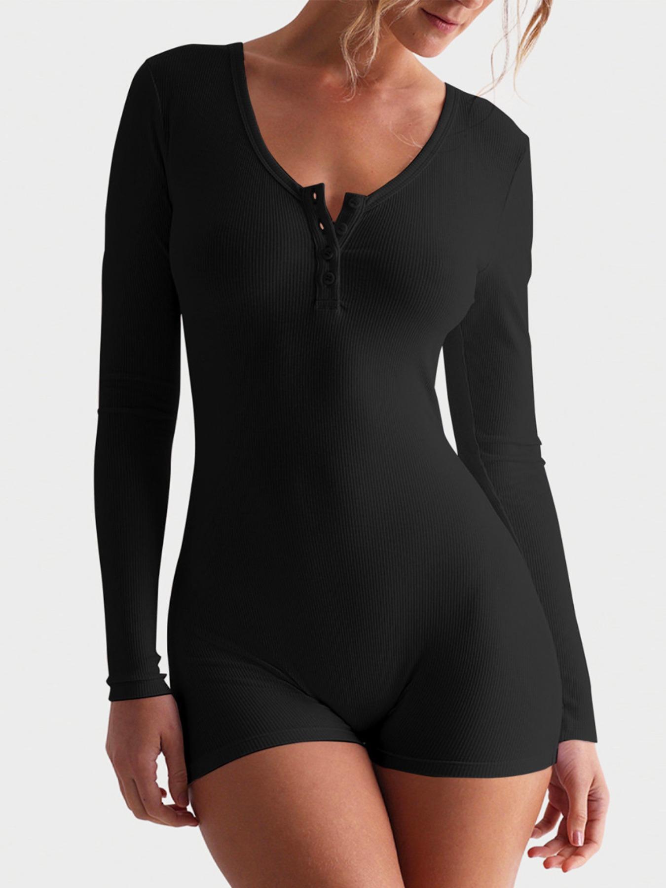 Women's Plain Button Front Ribbed Romper, Casual Long Sleeve Skinny Romper for Spring & Fall, Women's Clothes for Daily Wear, Womenswear