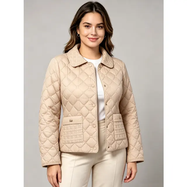 VVZ 2026 Women's Lapel Diamond‑Quilted Short Puffer Jacket, Button Down Lightweight Warm Outerwear With Decor Pocket Detail