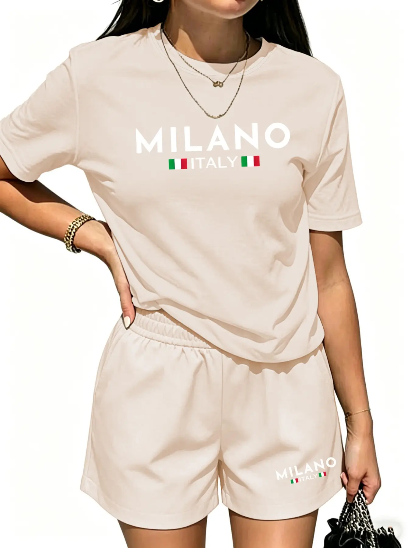 Summer New Arrival Milano Italian Flag Letter Print Casual Short Sleeve Two-Piece Set, Loose Fit Home & Outing Women's Suit, Spring & Fall Fashion