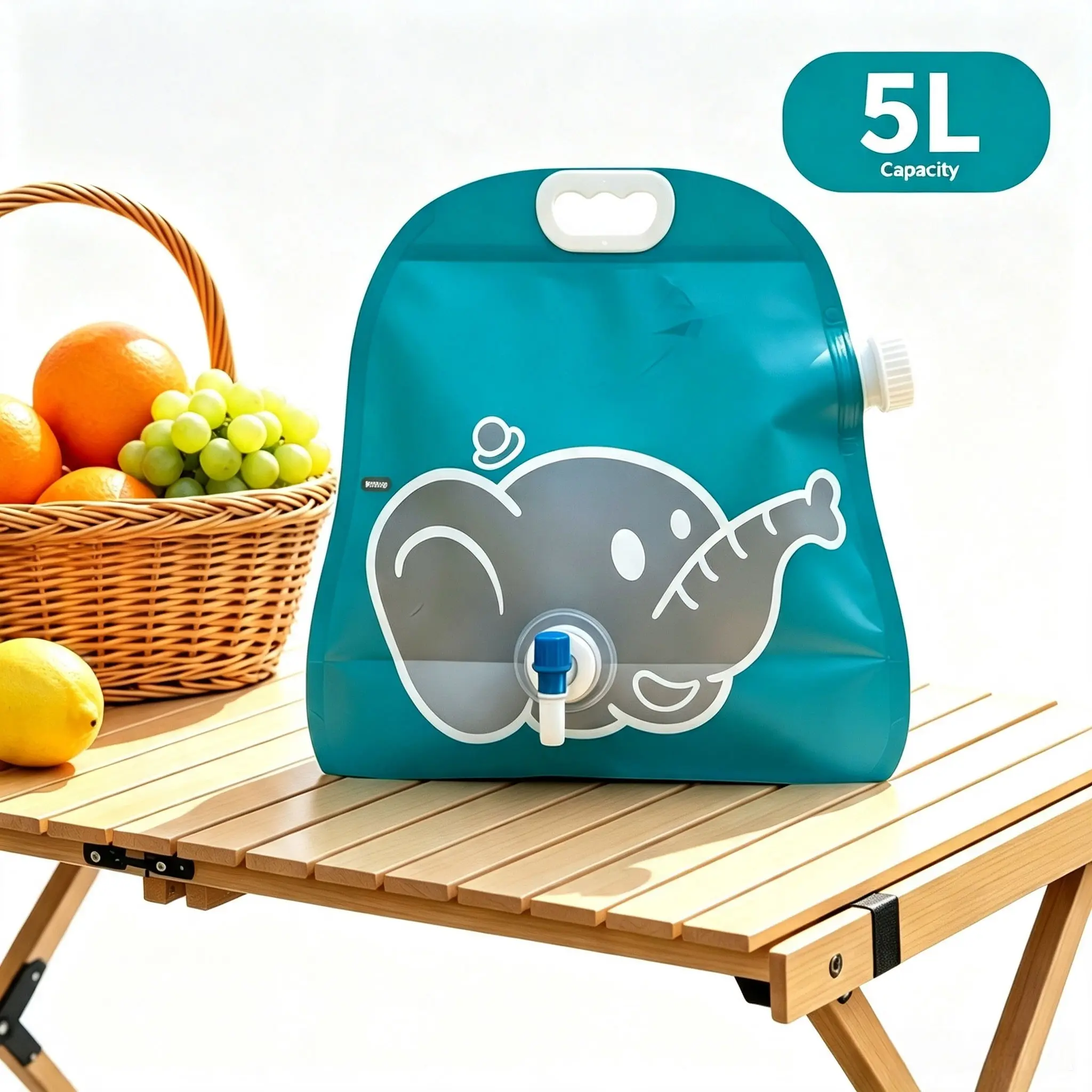 1 Pack 5L Cartoon Elephant Foldable Water Storage Bag, Leakproof With Tap, Portable Water Container For Camping Travel Road Trip, Water Container With Spigot