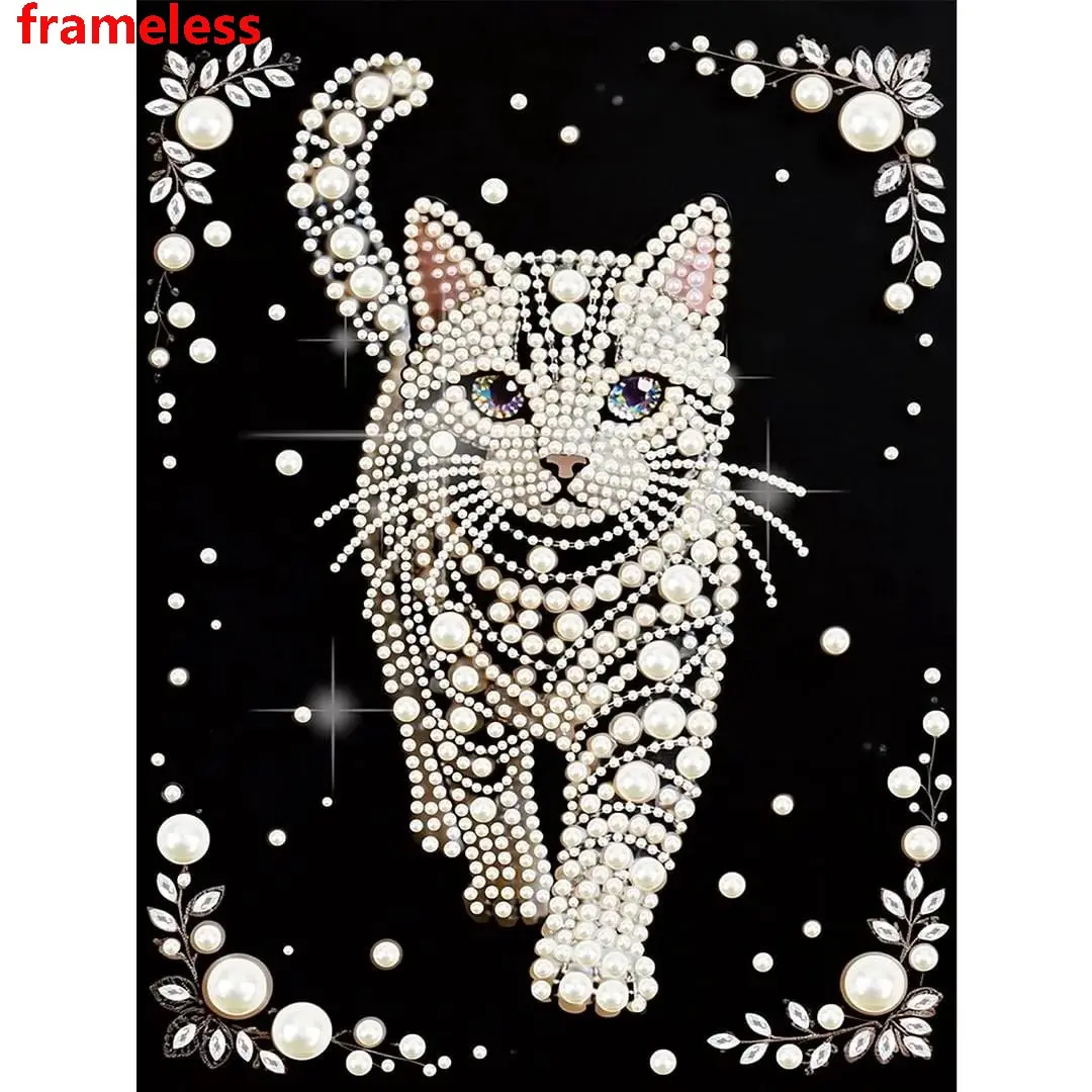 Pearl Cat Pattern Diamond Painting Kit (adult Version), Colorful Round Half Pearl Rhinestones, Handmade Canvas Art, Home Wall Decor, Artwork, Crafts