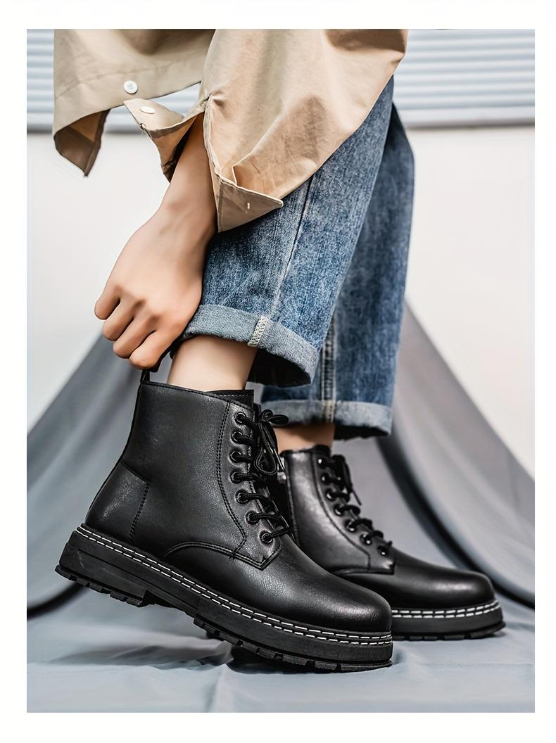 Four Seasons Fashion Trendy Men'S Black Boots Mid-Top Lace-Up Men'S Boots