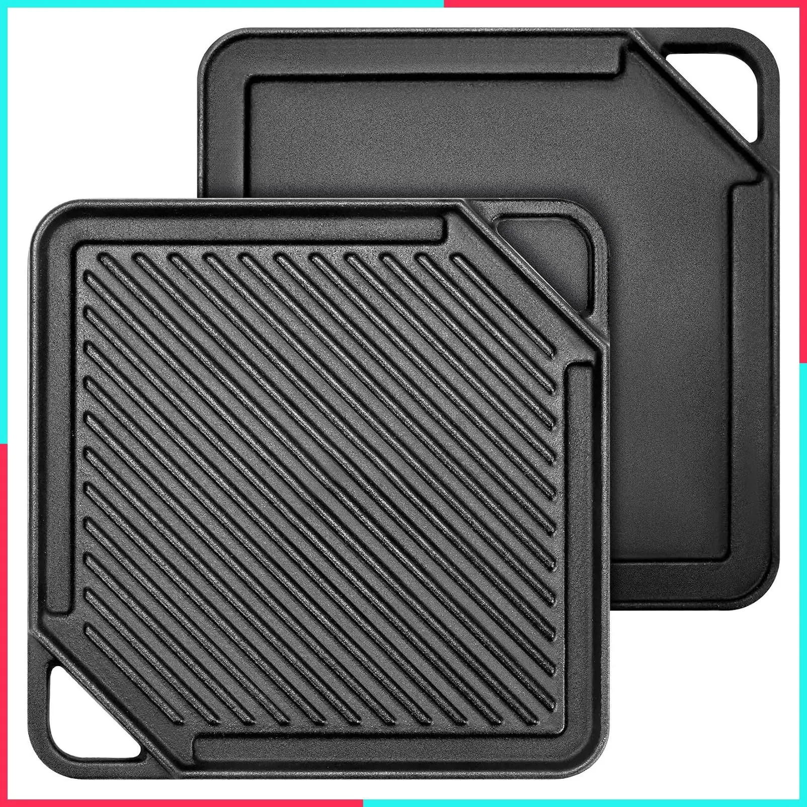 Cast Iron Reversible Griddle | Double-Sided Griddle Pan for Stove Tops and Gas Grills, 10"x10" Square Flat and Ribbed Griddle for Camping Stoves