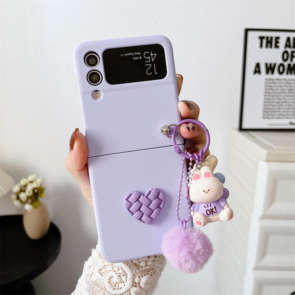 For Galaxy Z Flip6 Cartoon Bear Plush Heart Folding Case for Samsung Z Flip7 Zflip5 Z Flip 3 4 5 6 7 Slim Cover with Lanyard