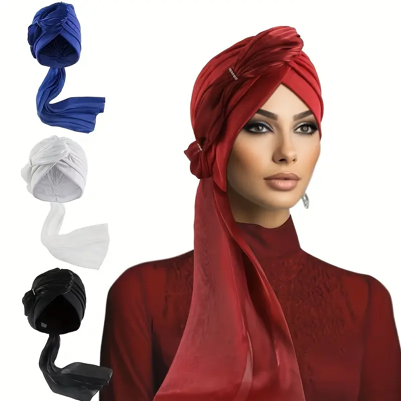 2Pcs Elegant Headscarf & Turban Wrap - Elastic Breathable Long Tail Veil with Sparkling Embellishments, Pure Color Wedding & Formal Headwear for Weddings, Parties, Special Events - Multi-Occasion Hair Accessory Set