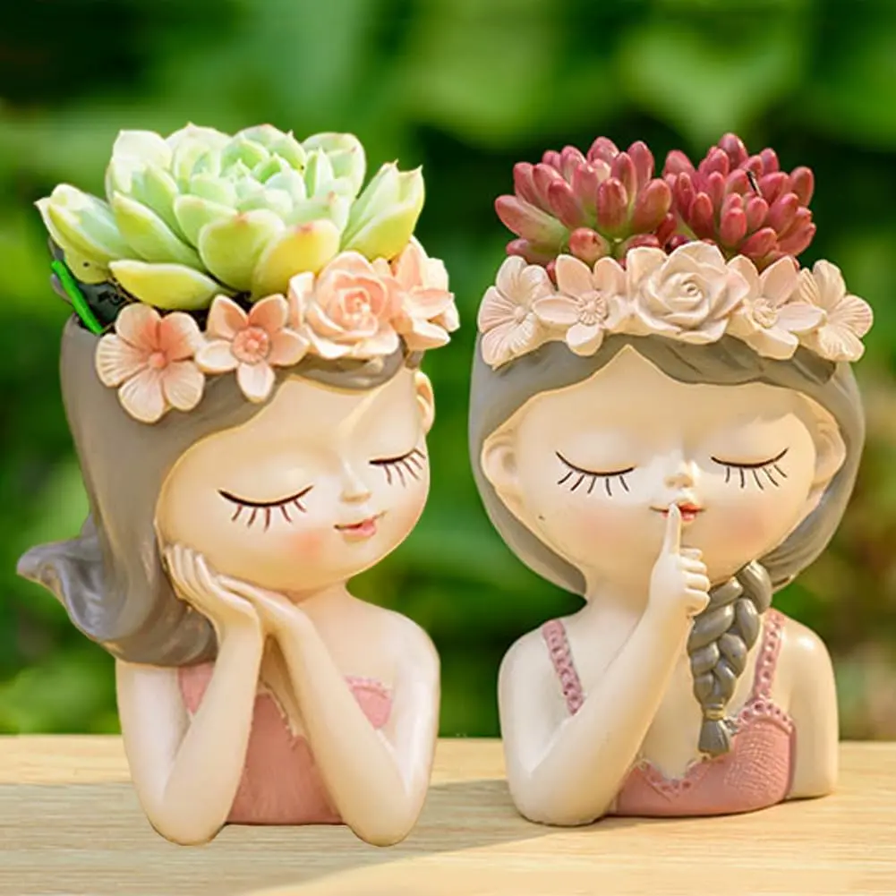 Baby Costume Jewelry Decor 2-Pack Small Fairy Succulent Plant Pots with Drainage Holes, Indoor Cactus Planters, Cute Girl Face Flower Vases, Flower Pots & Planters, Cute Flower