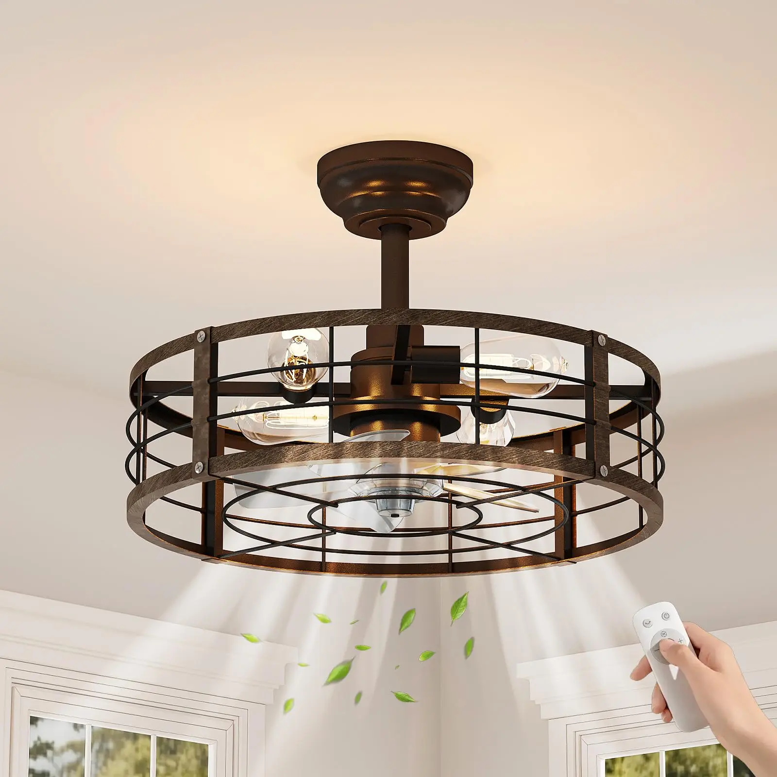 20" Caged Fandelier Ceiling Fan with Light & Remote - Flush Mount Bladeless Farmhouse Style - 6-Speed DC Motor, 10%-complete Dimmable LED, 3 CCT, Timer - Finish: Brushed Gold