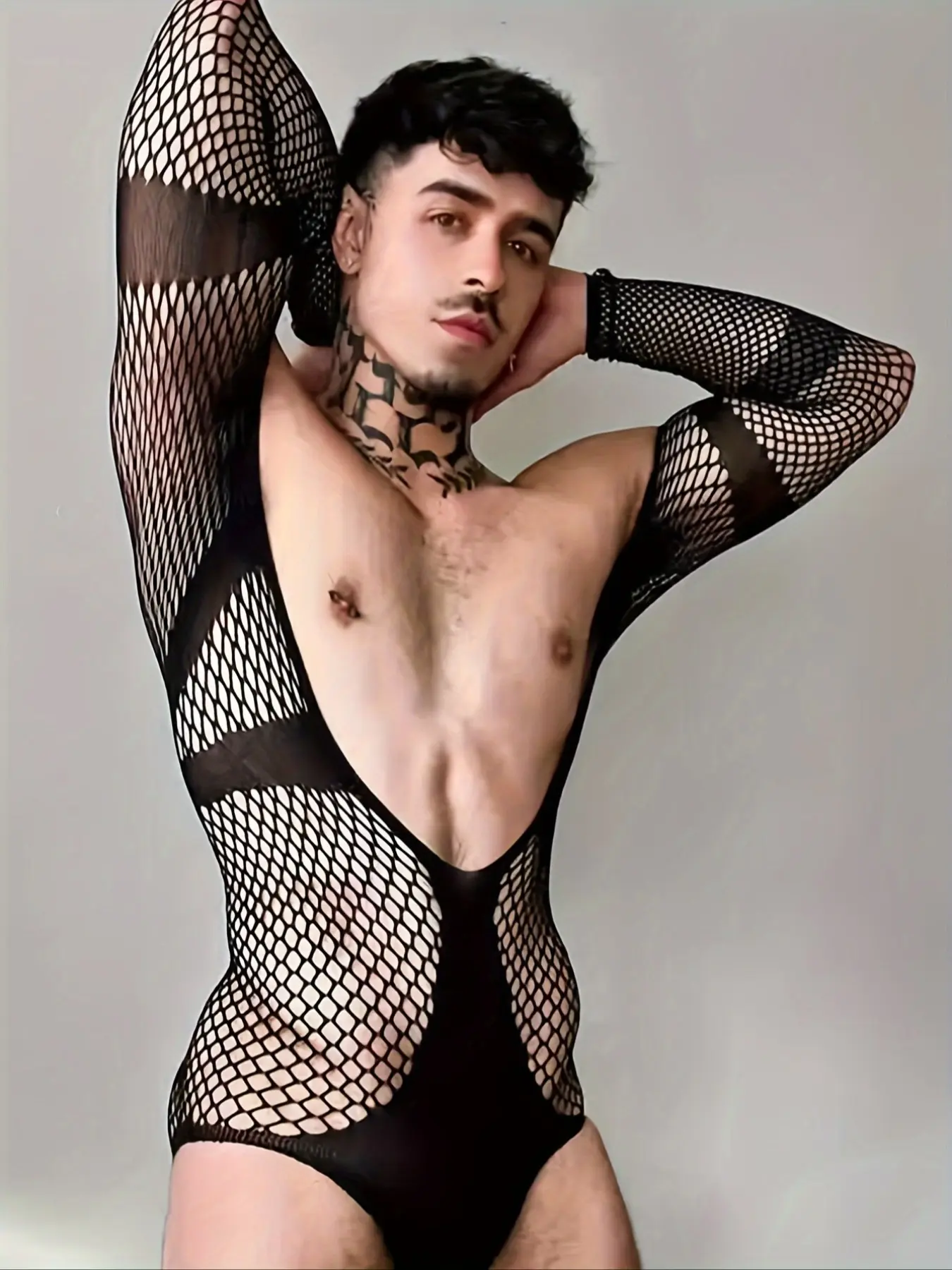 Men's Sexy Knitted Mesh Breathable Top, Sensual Tight Long Sleeve Knitwear, Fitted Knit, Hollow Out Stretchy Fabric, Transparent Allure, Perfect for Intimate Moments