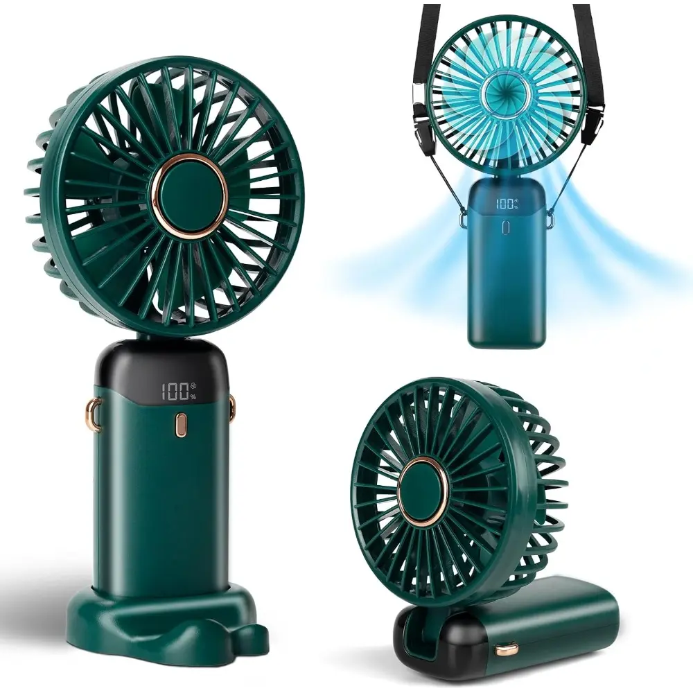 Portable Handheld Fan, 12 hours, Upgrade 3200mAh Mini Fan Handheld with LED Display, 90° Foldable, 5 Speed Wind,Hand Held/Neck/Desk 3 in 1 Hand Held Fans, Makeup Fans for Women (Green)