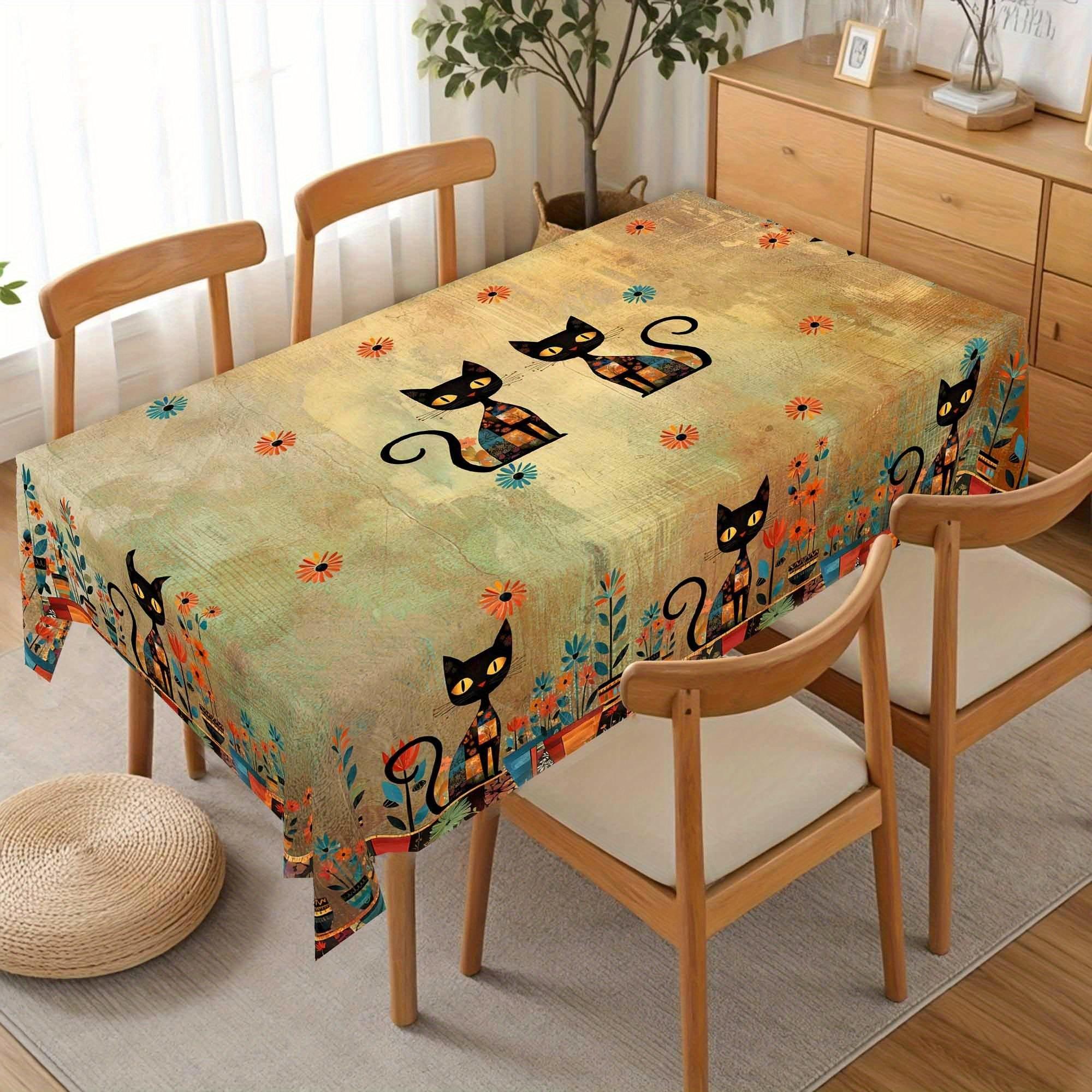 1pc Bohemian Mandala Tablecloth, Vintage Floral and Cat Pattern Tablecloth, Rectangular Polyester Tablecloth, Suitable for Holiday Party Decorations, Elegant and Durable Indoor/Outdoor Dining Table Decoration, Perfect Gift for Easter, Spring, Mother's Day