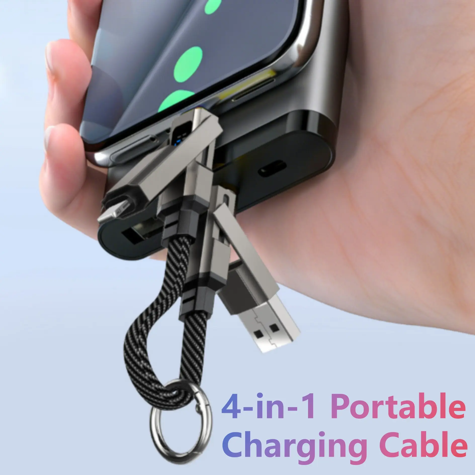 4-In-1 Portable Charging Cable, Digital Display, Metal Material, Braided Wire, Ideal for Travel, Keychain Accessory, Perfect Gift for Tech Enthusiasts