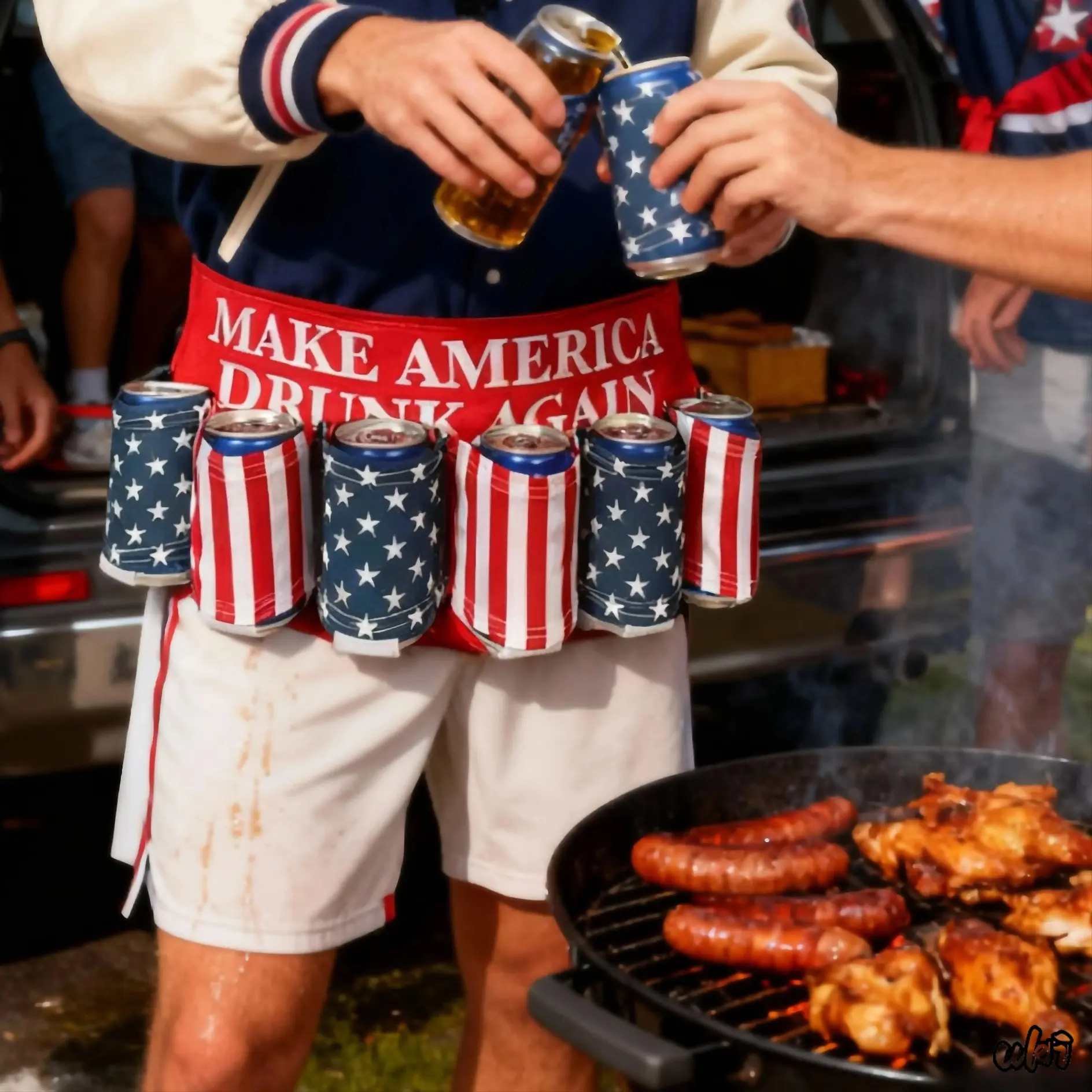 Patriotic USA Flag Drink Holder Belt, 6-Pack Portable Can Holster for Men with Adjustable Waist Strap for Backyard Barbecues, 4th of July Parties, 4Th Of July Independence Day, Hands-Free Storage, Essential Fun Accessory, Sports Tailgates, Beverage, Light