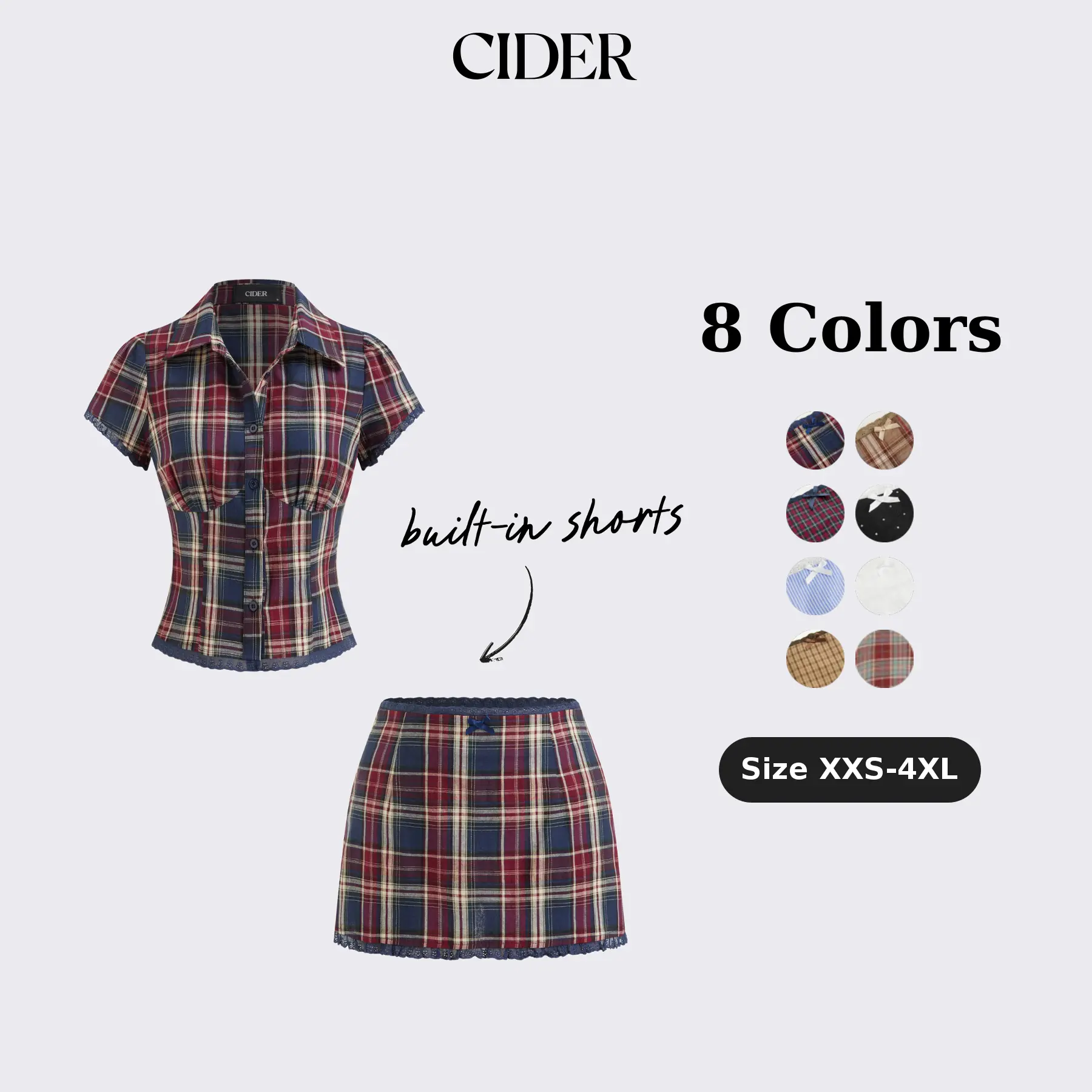 Cider Cotton Plaid Collar Short Sleeve Blouse & Mid Rise Lace Trim Bowknot Mini Skirt Set