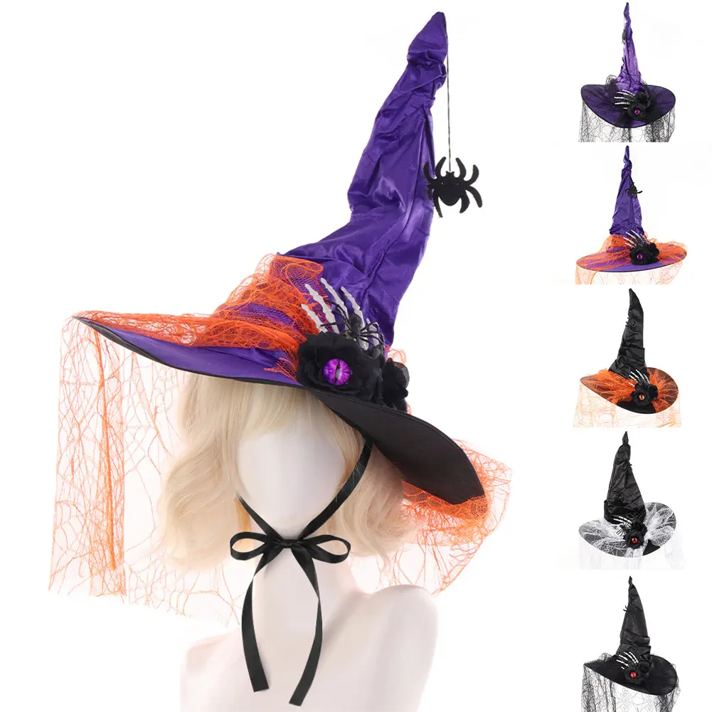 Gothic Aesthetic Lovers Halloween Lace Witch Hat, Dark Finger Bone Decor Ruched Wizard Hat, Cosplay Costume Head wear for Masquerade Party, Dark Gothic Wizard Cosplay Hat, Masquerade Party Costume for Women