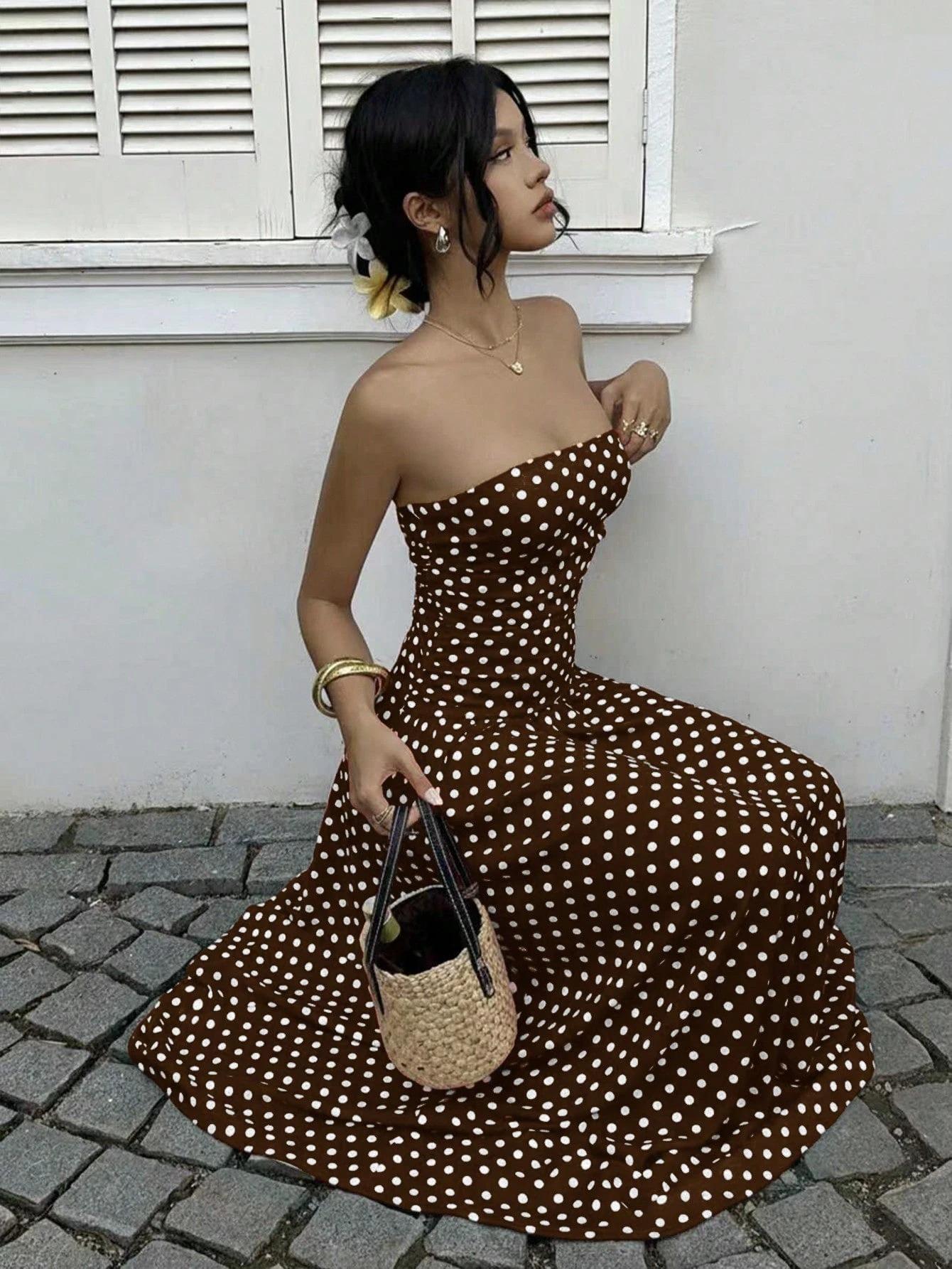 Women's Elegant Fashion Polka Dot PrintHalter Dress, Stylish Chic Sleeveless MaxiDress for Parties and Casual Wear, SummerFashion