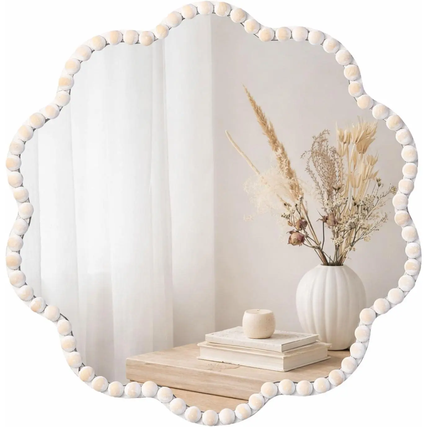 15in Boho Style Beaded Flower Decorative Glass Wall Mirror - Elegant Wooden Circle Wall Hanging Mirror for Farmhouse, Kid Room Vanity Aesthetic Decoration