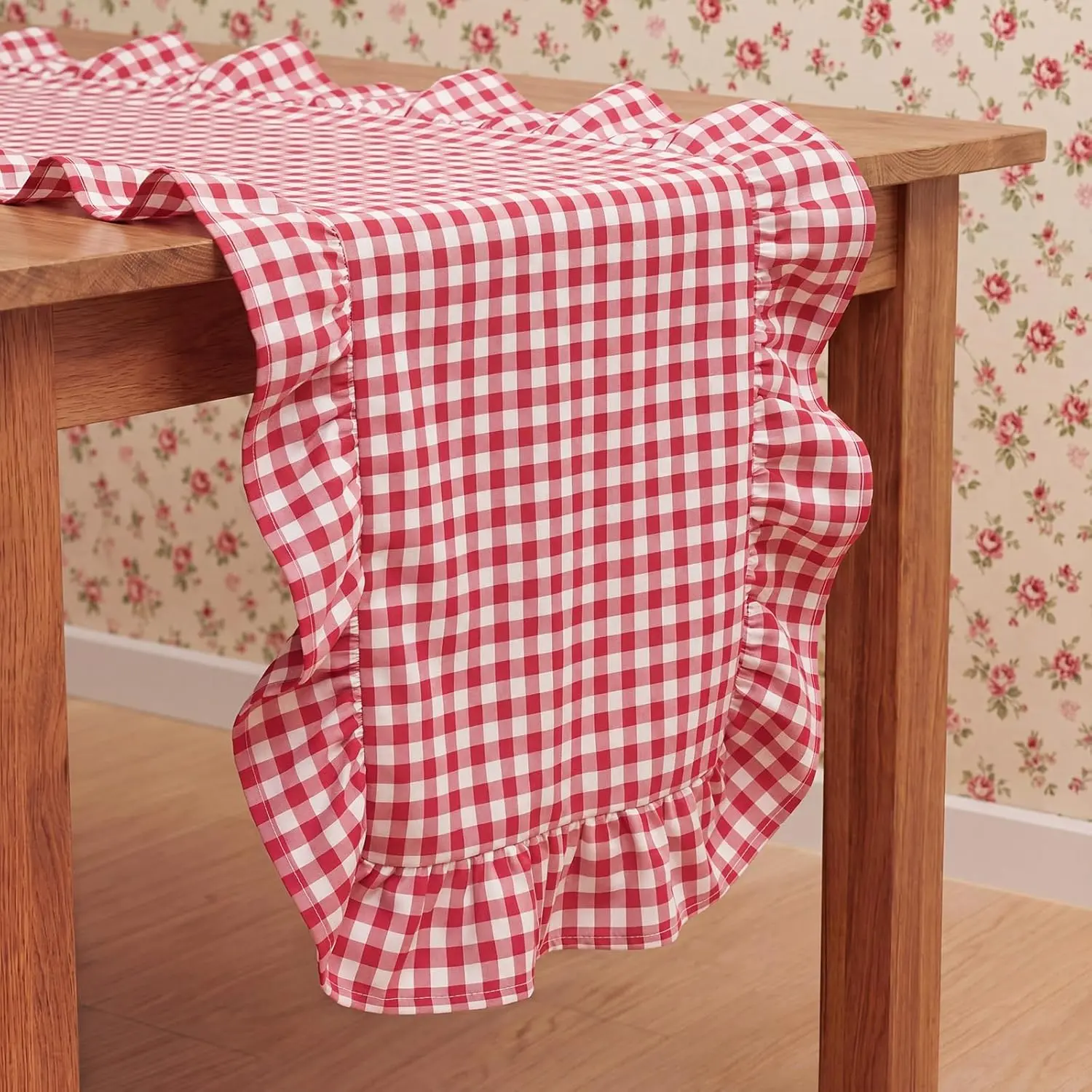 Tegeme Cotton Red Gingham Checkered Rectangular Table Runner, 12"x71" Ruffled Design, Farmhouse Home Kitchen Decor for Dinner Parties & Cabinet Cover