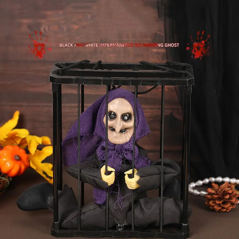 1pc Halloween Cage Ghost Pendant - Theme Party Horror Atmosphere Prop, Cage Witch Swinging Cage Ghost [Battery not included - requires self provided battery for use]