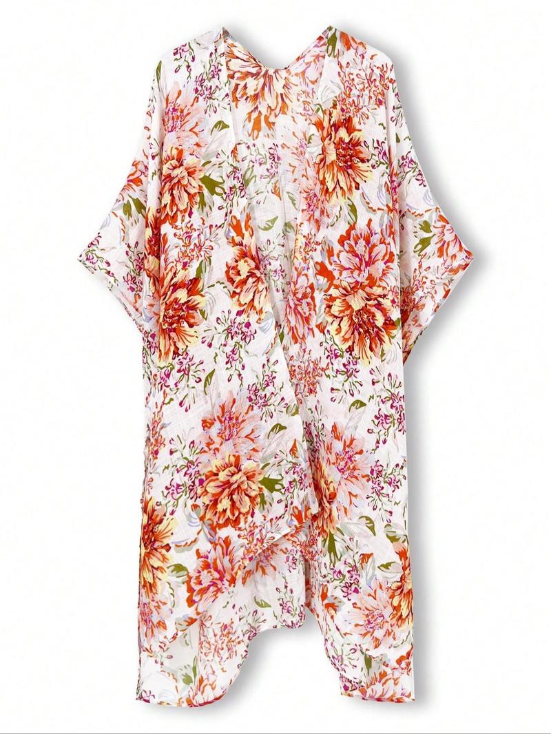 Women's Floral Print Drop Shoulder Cover Up, Casual Long Sleeve Split Hem Open Front Cover Up for Beach Holiday Vacation Outdoor, Ladies All Seasons Clothes, Swimsuit Cover Ups, Swimwear Cover Up