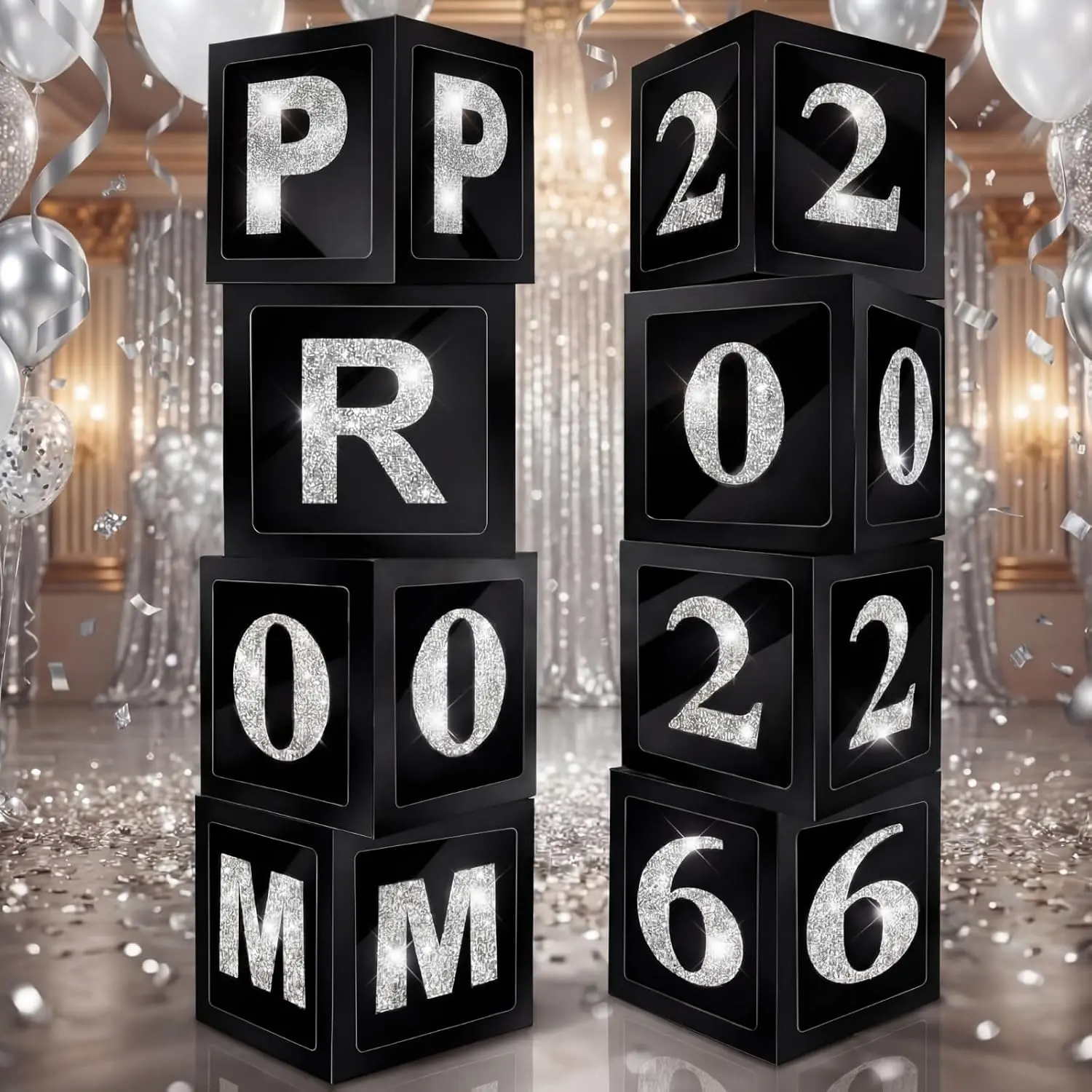 8 Pcs Prom Decorations for Party 2026 Prom Column Standup 12 Inches PVC Sparkle Balloons Boxes Set Graduation Senior Night Decorations for 2026 Masquerade Graduation Photo Booth(Black Silver)