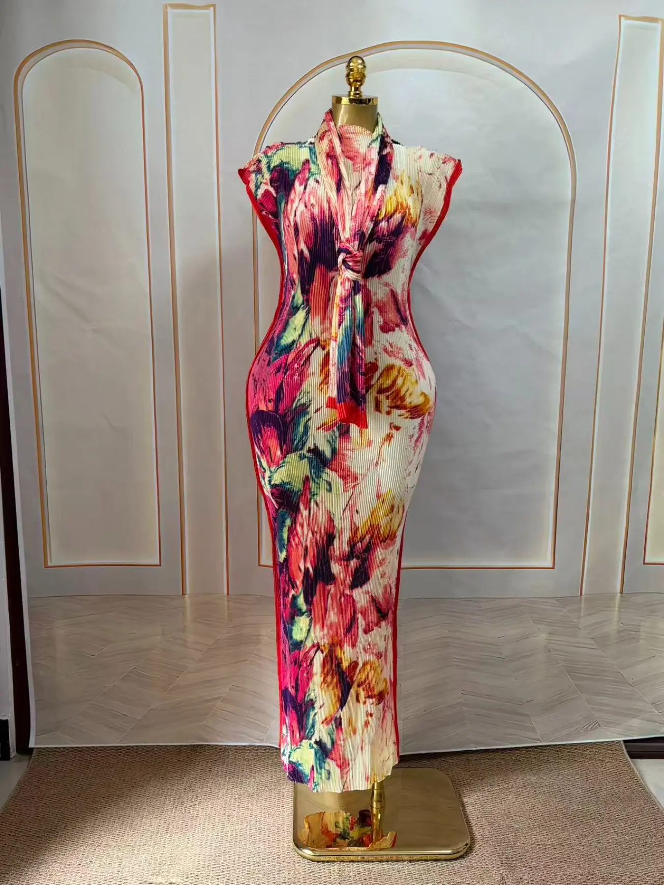 New Traditional Watercolor Oil Painting Print Pleated Dress, Elegant Tie Waist Slimming Bodycon Long Dress, Versatile Evening Gown, Beach