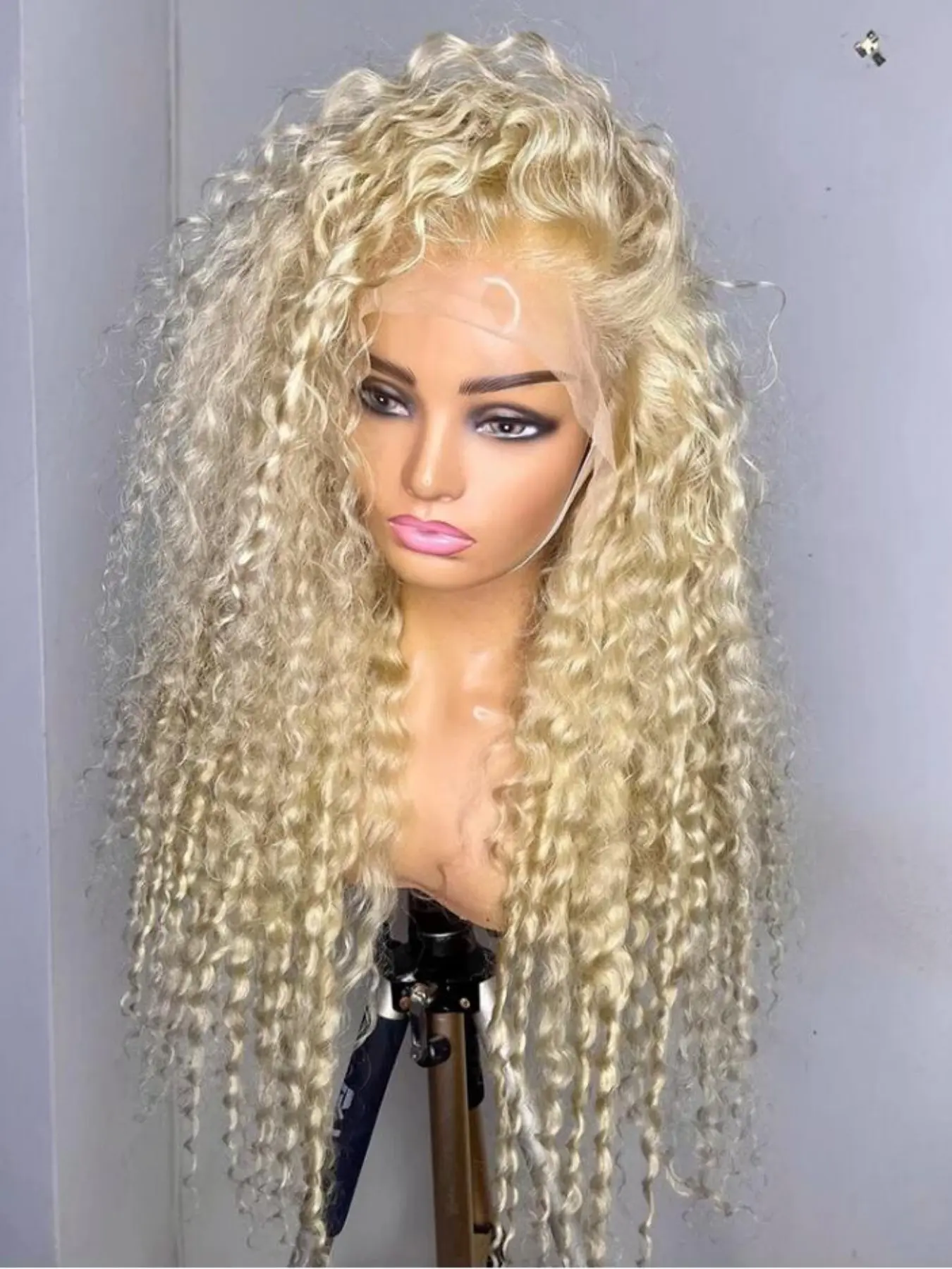 Soft Long 26 Inch 180 Density Natural Blonde 613 Kinky Curly Deep 13x4x1 Front Lace Wig, Glueless  Pre-Plucked Heat Resistant Synthetic  Daily Wear Wig
