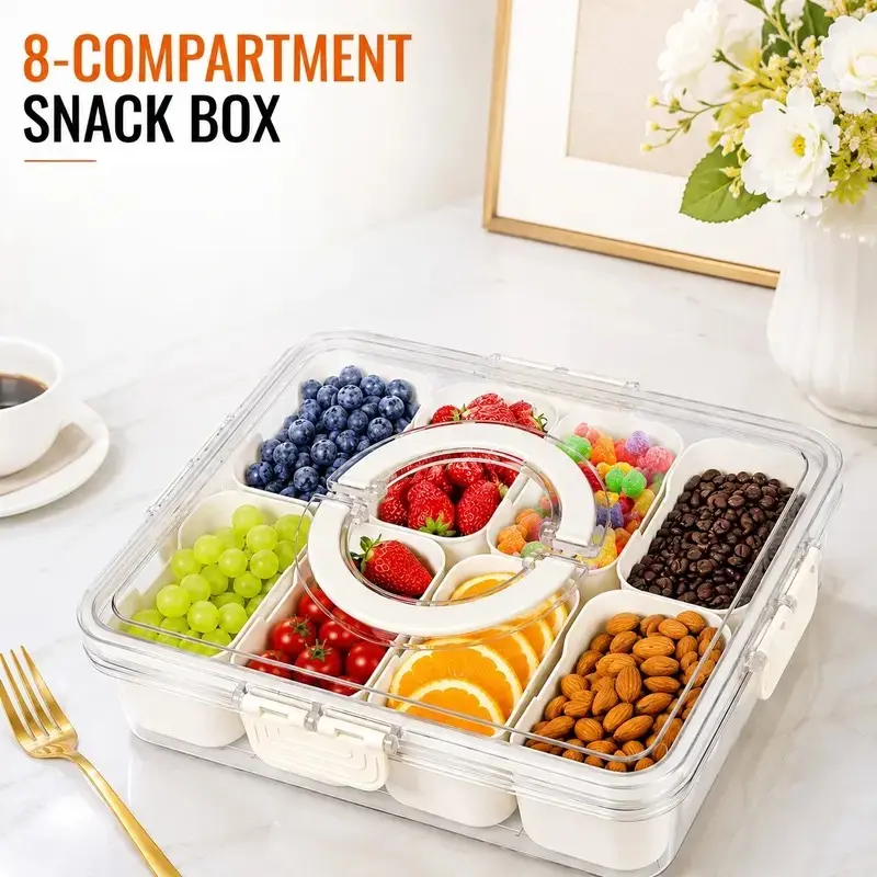 4/8 Compartment Transparent Snack Box with Lid & Handle, Plastic Kitchen Sealed Container, Portable Food Organizer for Lunch, Travel, Camping, Food Storage Container