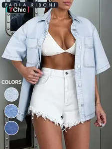 Short Sleeve Denim Jacket for Women, Classic Button Down Denim Jacket with Chest Pockets, Fashion Women's Clothing for Daily Wear, Vintage Western Trucker Jacket Coats