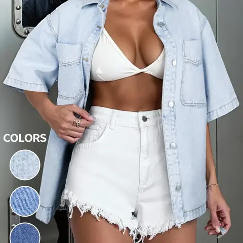 Short Sleeve Light Wash Denim Jacket for Women, Classic Casual Button Down Denim Jacket with Chest Pockets, Fashion Women's Clothing for Daily Wear, Everyday Vintage Western Trucker Jacket Coats, Outerwear