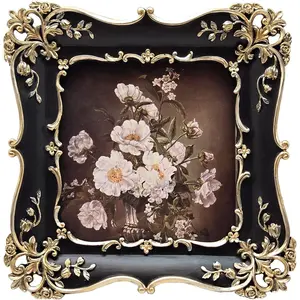 4x4 Small Vintage Picture Frame, Antique Black and Gold Ornate Square Photo Frame, Wall Hanging or Tabletop Display, Decorative Floral Design Retro Home Decor, Photo Gallery Art