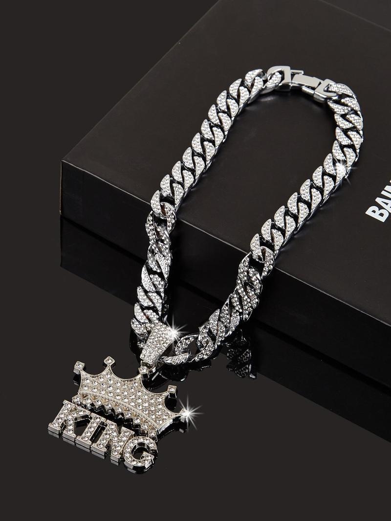 14K Gold Plated King & Crown Pendant with Austrian Rhinestones Miami Cuban Link Chain Italy & Micro Inspired Unisex Hip Hop Necklace for Men & Women Jewelry,Daily Wear, Casual Fashion, Sporty Style, Gift Idea