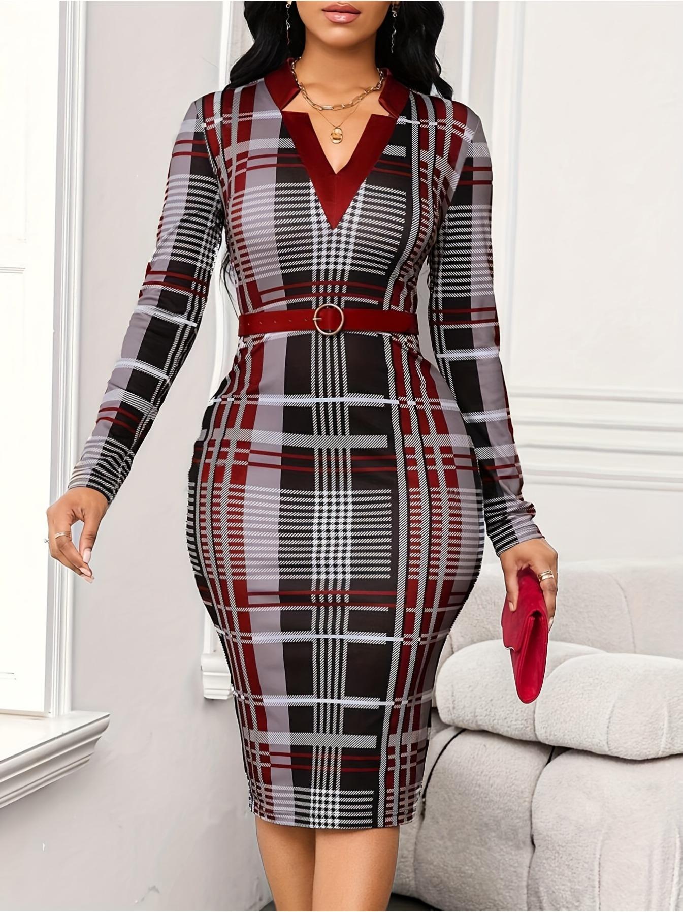 Elegant Plaid V-Neck Midi Dress for Women - Sophisticated Long Sleeve,  Bodycon Fit with Belt Detail, Soft Polyester, Ideal for Parties & Events  Formal Womenswear Chic [Red] Workwear - TikTok Shop