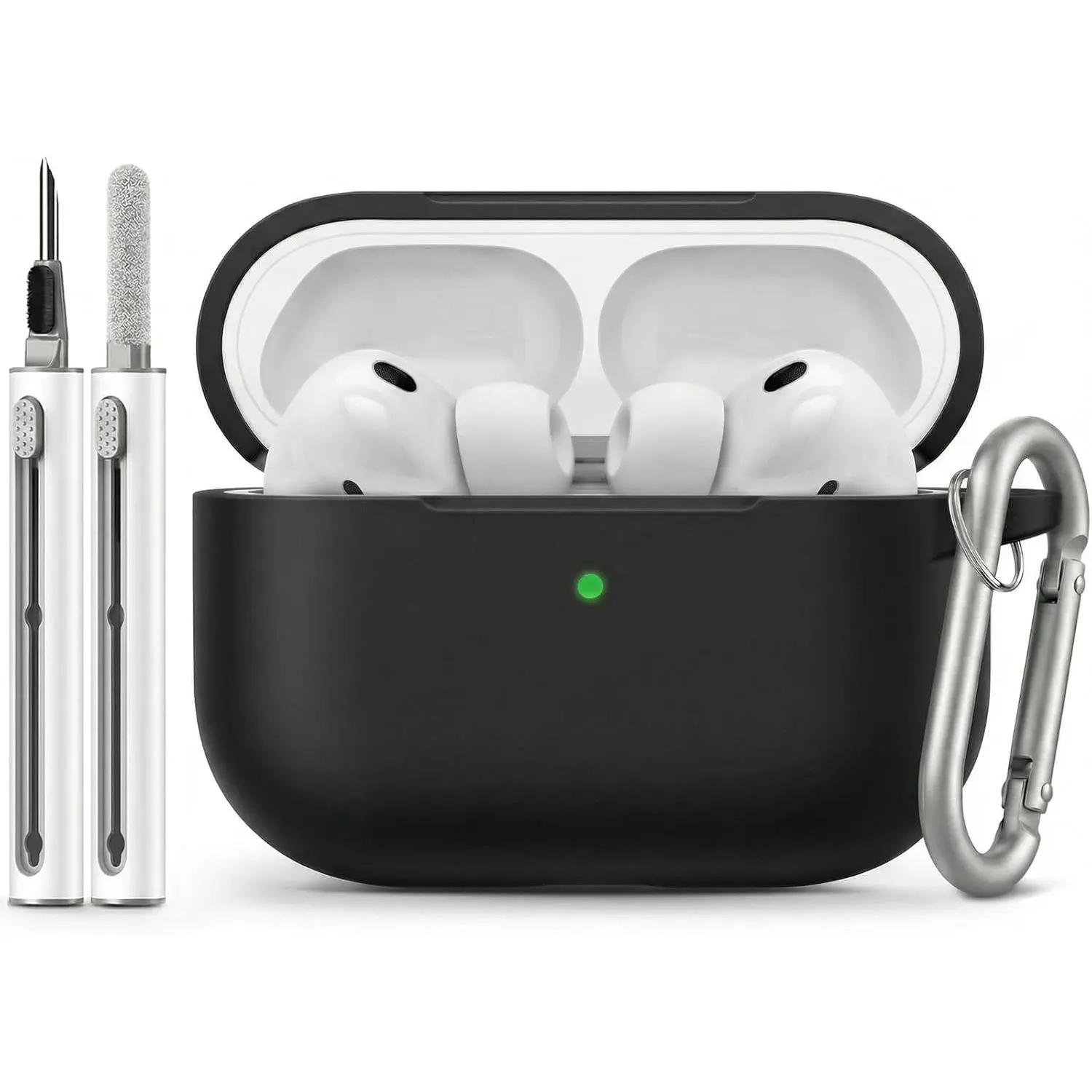 Lightweight Soft Silicone Case for 2025 AirPods Pro 3rd Generation Headphone - Transparent Wall Full Cover, Dustproof, Shockproof, Wired/Wireless Charging Compatible, Plug-Ready, LED Light Highlight, with Cleaning Pen, Portable Keychain, for Men (Black)