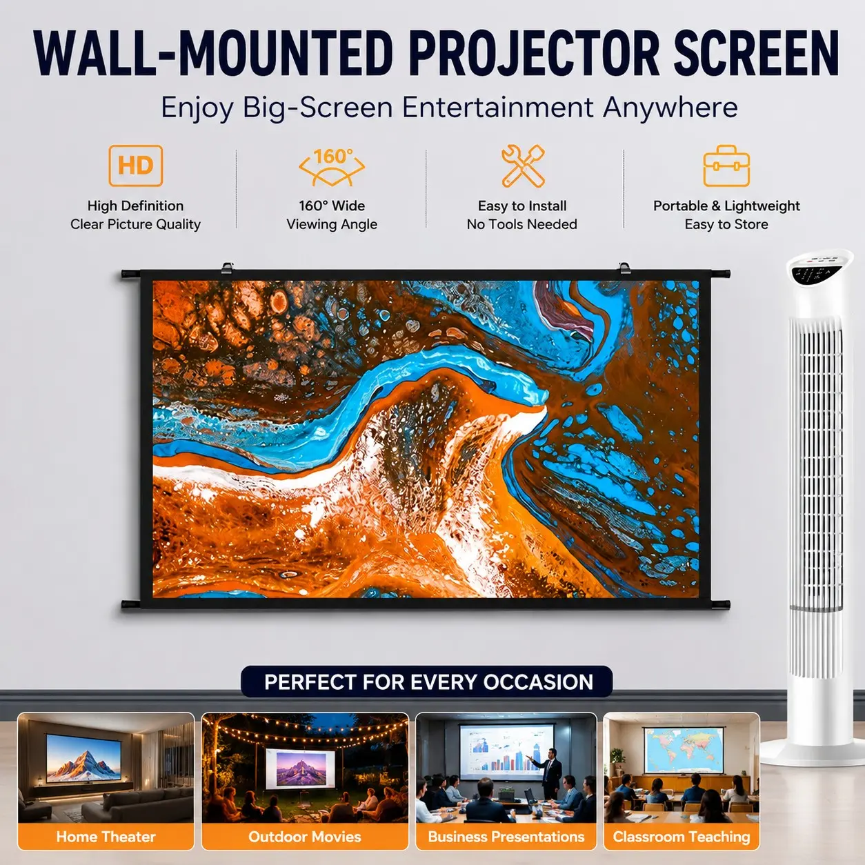 High-Definition Projector Screen, HD Projection Screen, Anti-Glare Wall Mount, No Drilling, Daylight Projection, 5 Sizes Available, Easy Installation