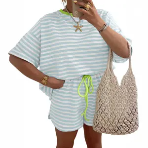 Women's 2-Piece Cotton Fabric Short-Sleeve Casual Sweatsuit Set - Stripe Contrast Neck, Loose-Fit T-Shirt, Drawstring Shorts with Pockets, Lady's Lounge Wear