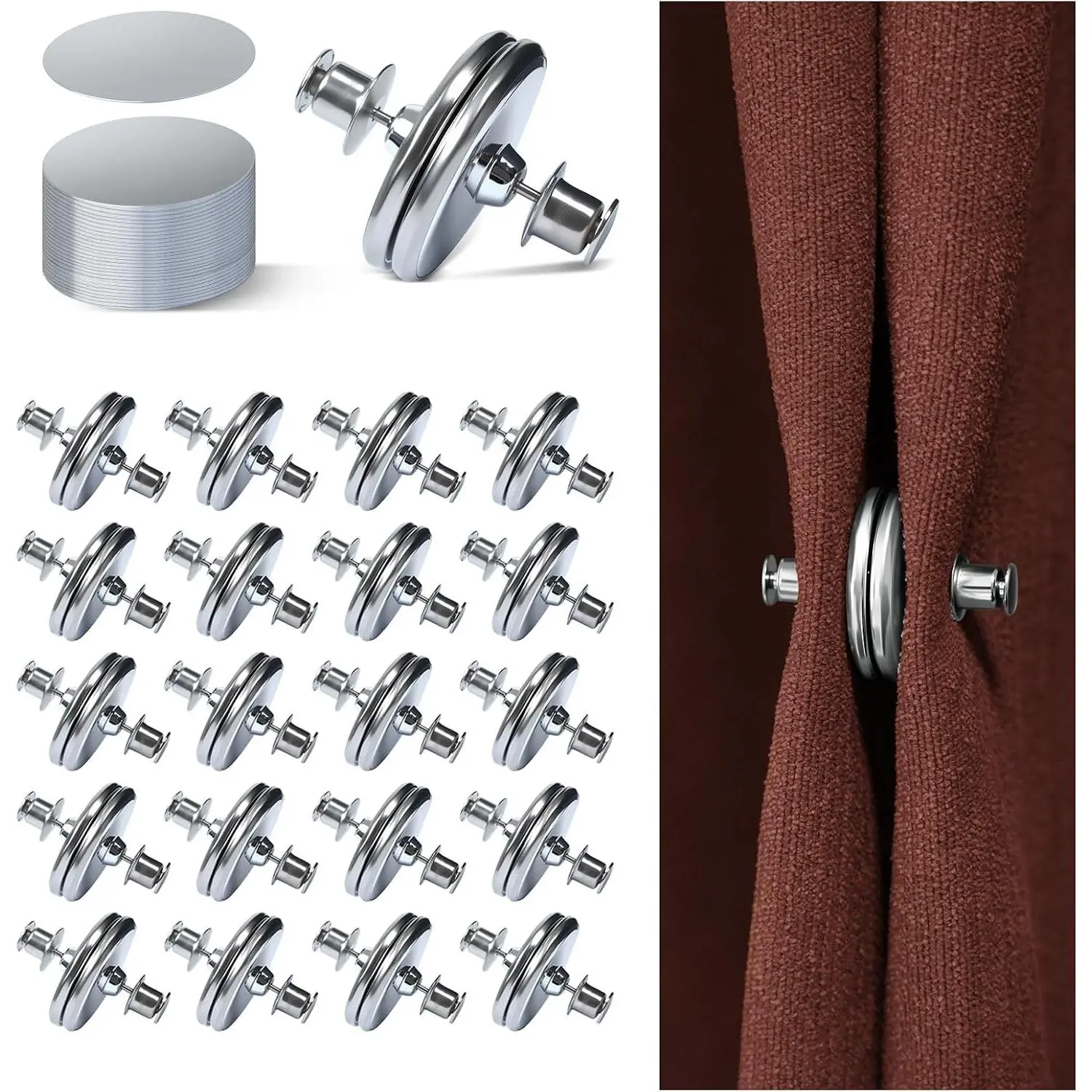 20 Pairs Magnetic Curtain Clips with 20pcs Self-Adhesive Patch – Strong Curtain Magnets to Keep Curtains Closed for Indoor, Outdoor, Shower, Bedroom, OfficeGift